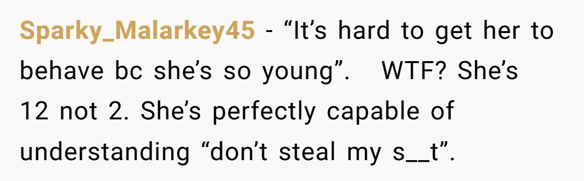 Sparky_Malarkey45 − “It’s hard to get her to behave bc she’s so young”. WTF? She’s 12 not 2. She’s perfectly capable of understanding “don’t steal my s__t”.