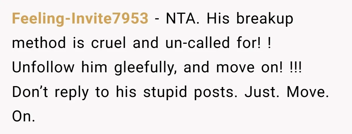 Feeling-Invite7953 − NTA. His breakup method is cruel and un-called for! ! Unfollow him gleefully, and move on! !!! Don’t reply to his stupid posts. Just. Move. On.