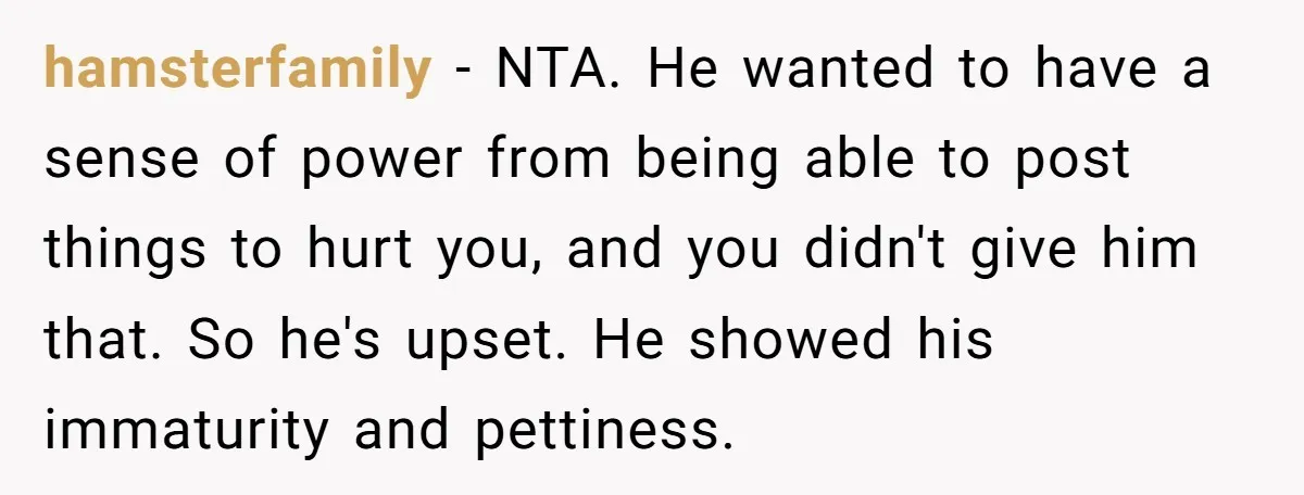 hamsterfamily − NTA. He wanted to have a sense of power from being able to post things to hurt you, and you didn't give him that. So he's upset. He...