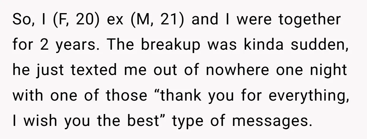 So, I (F, 20) ex (M, 21) and I were together for 2 years. The breakup was kinda sudden, he just texted me out of nowhere one night with one...
