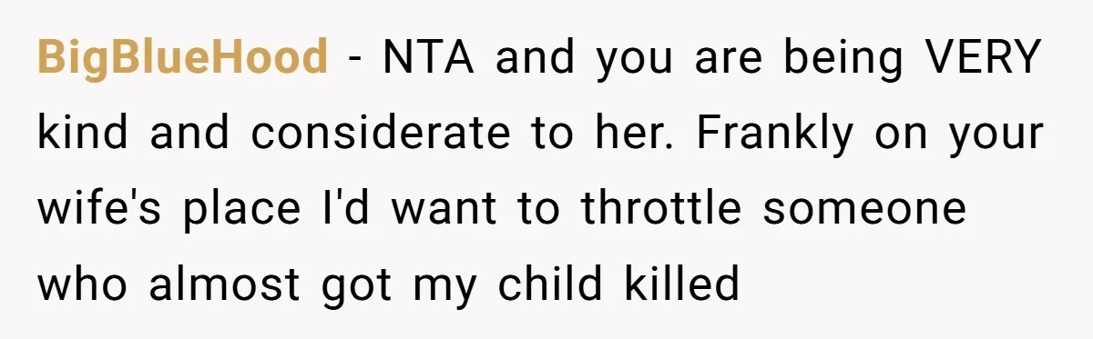 BigBlueHood − NTA and you are being VERY kind and considerate to her. Frankly on your wife's place I'd want to throttle someone who almost got my child killed