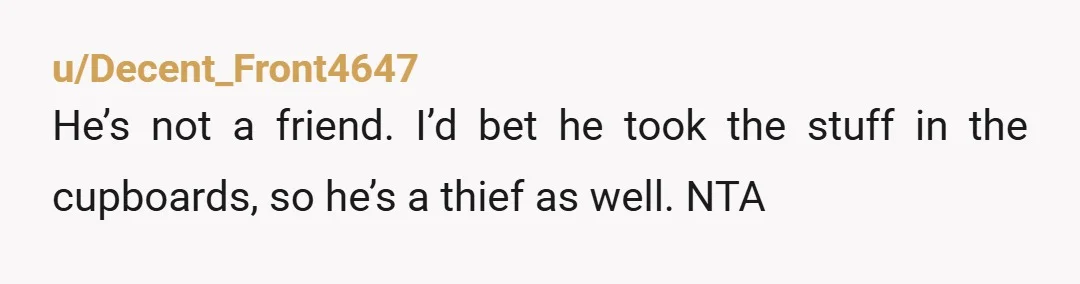 u/Decent_Front4647
He’s not a friend. I’d bet he took the stuff in the cupboards, so he’s a thief as well. NTA