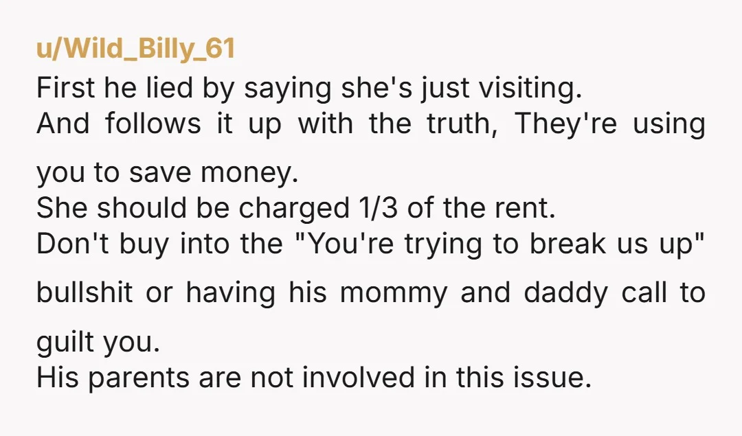 u/NoDevelopment6303 If they share a room I would say 60-40 is more reasonable than 1/3-1/3-1/3. I agree with comments that say look at the lease.
