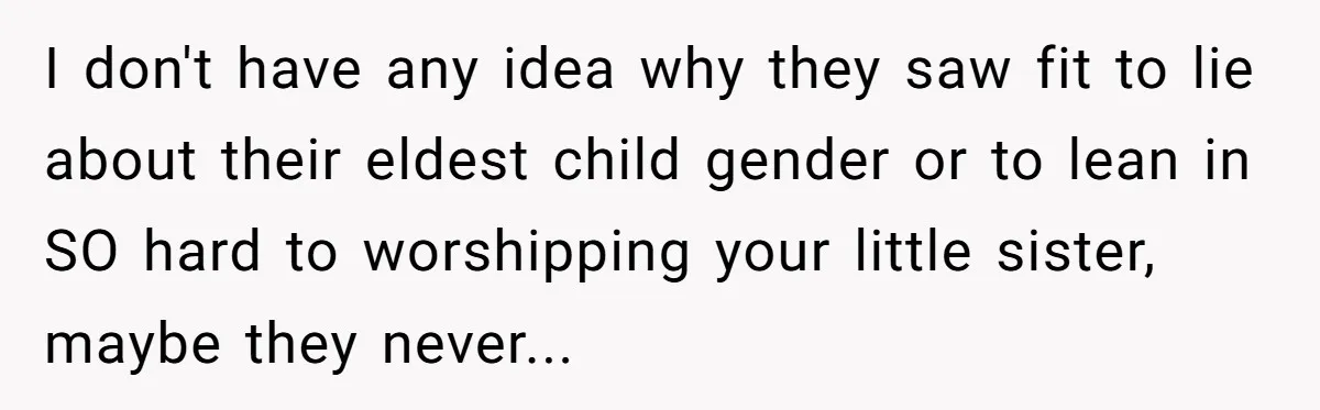 I don't have any idea why they saw fit to lie about their eldest child gender or to lean in SO hard to worshipping your little sister, maybe they never...