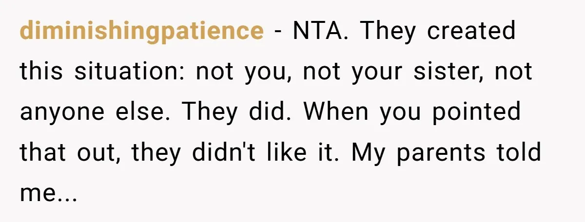 diminishingpatience − NTA. They created this situation: not you, not your sister, not anyone else. They did. When you pointed that out, they didn't like it. My parents told me...