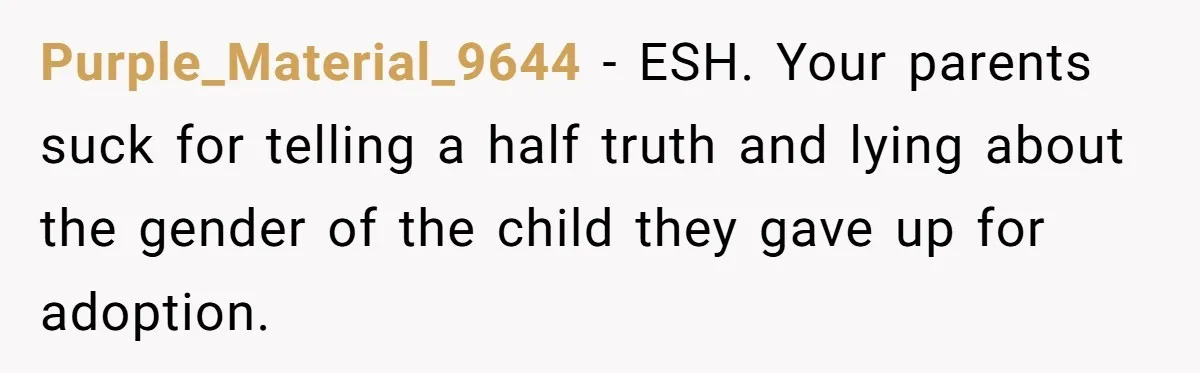 Purple_Material_9644 − ESH. Your parents suck for telling a half truth and lying about the gender of the child they gave up for adoption.