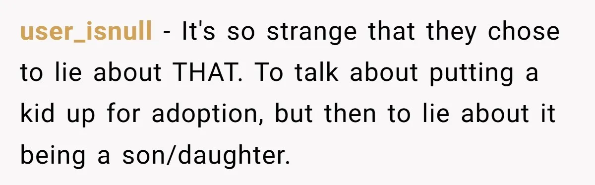 user_isnull − It's so strange that they chose to lie about THAT. To talk about putting a kid up for adoption, but then to lie about it being a son/daughter.