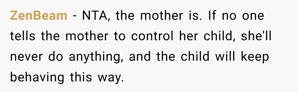 ZenBeam − NTA, the mother is. If no one tells the mother to control her child, she'll never do anything, and the child will keep behaving this way.
