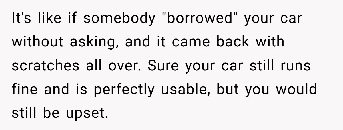It's like if somebody "borrowed" your car without asking, and it came back with scratches all over. Sure your car still runs fine and is perfectly usable, but you would...