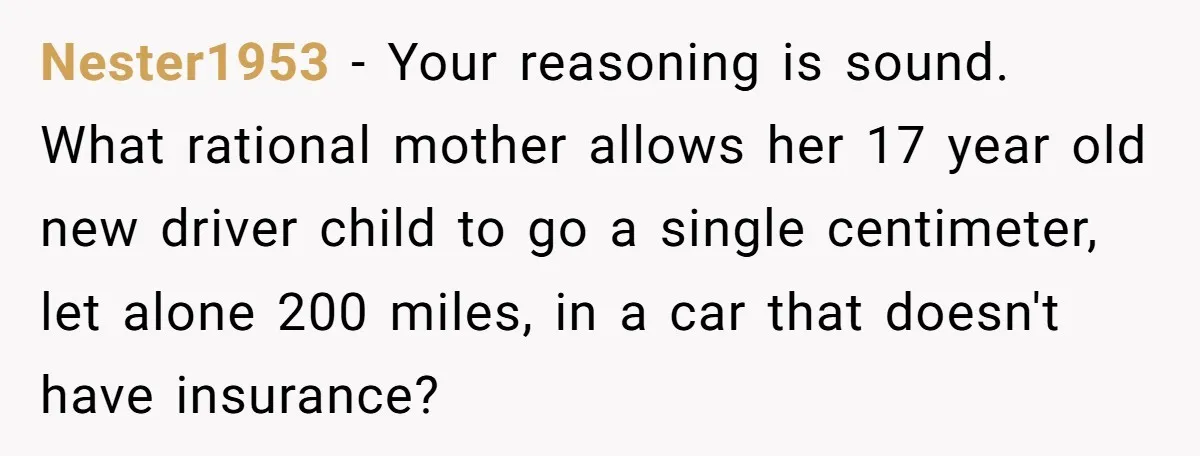 Nester1953 − Your reasoning is sound. What rational mother allows her 17 year old new driver child to go a single centimeter, let alone 200 miles, in a car that...