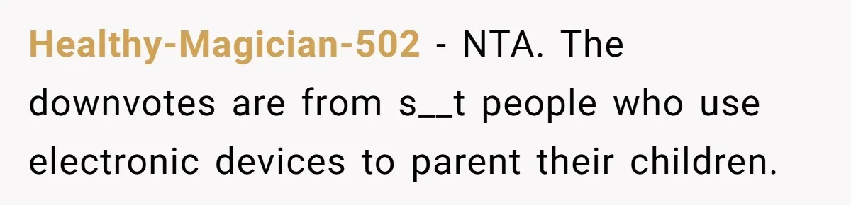 Healthy-Magician-502 − NTA. The downvotes are from s__t people who use electronic devices to parent their children.