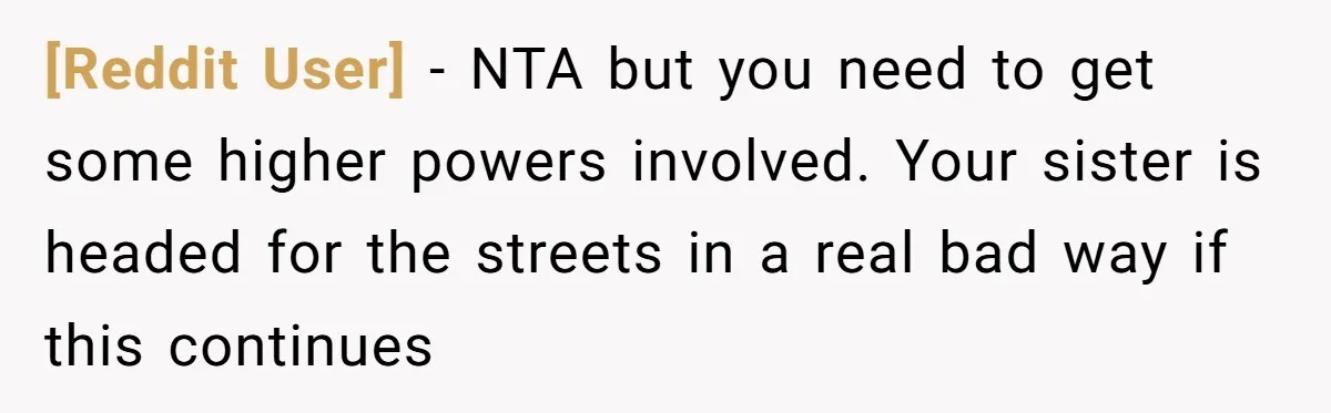 [Reddit User] − NTA but you need to get some higher powers involved. Your sister is headed for the streets in a real bad way if this continues