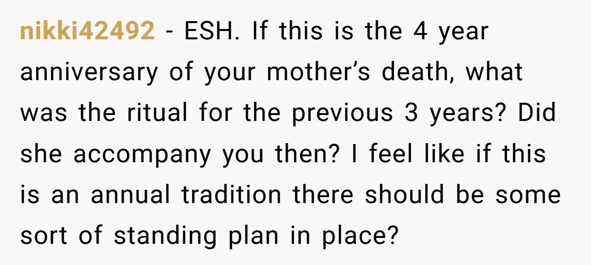 nikki42492 − ESH. If this is the 4 year anniversary of your mother’s death, what was the ritual for the previous 3 years? Did she accompany you then? I feel...