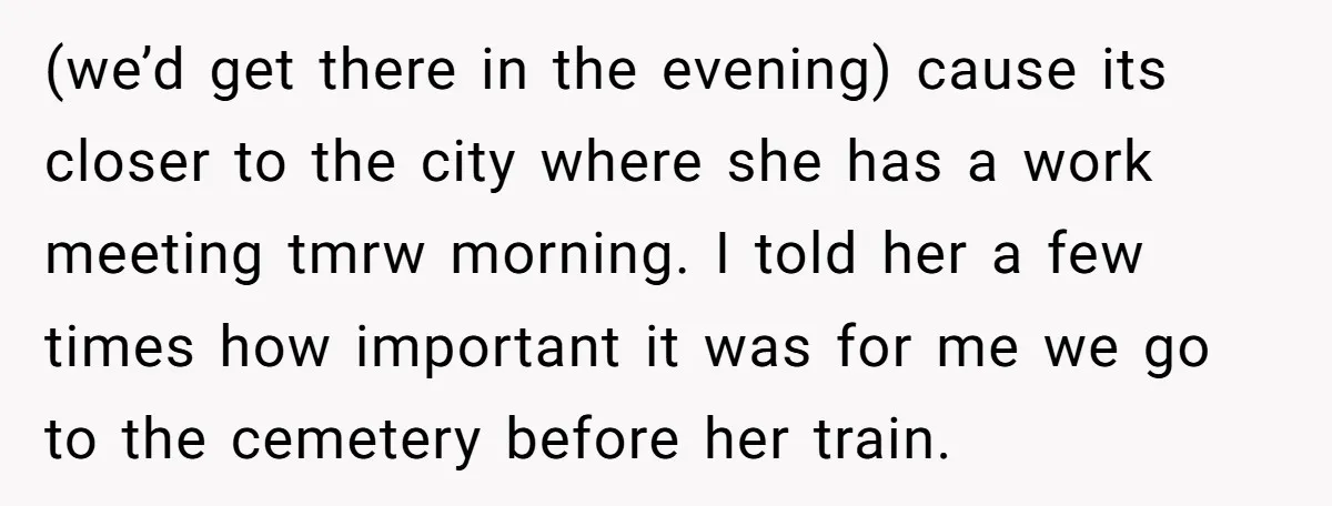 (we’d get there in the evening) cause its closer to the city where she has a work meeting tmrw morning. I told her a few times how important it was...