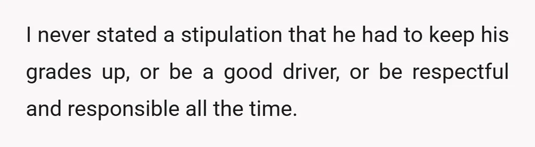 I never stated a stipulation that he had to keep his grades up, or be a good driver, or be respectful and responsible all the time.