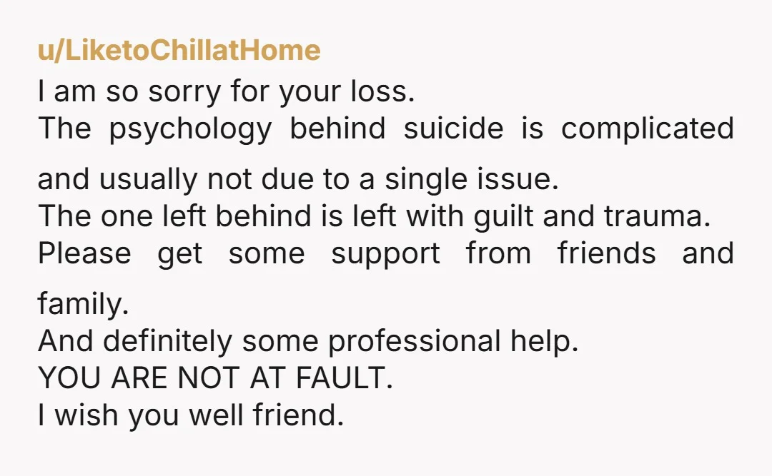 u/LiketoChillatHome I am so sorry for your loss. The psychology behind suicide is complicated and usually not due to a single issue. The one left behind is left with guilt...