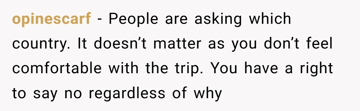 opinescarf − People are asking which country. It doesn’t matter as you don’t feel comfortable with the trip. You have a right to say no regardless of why