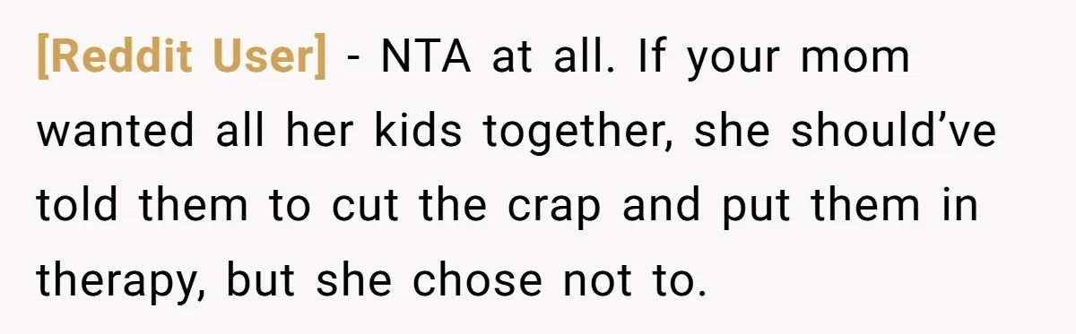 [Reddit User] − NTA at all. If your mom wanted all her kids together, she should’ve told them to cut the crap and put them in therapy, but she chose...