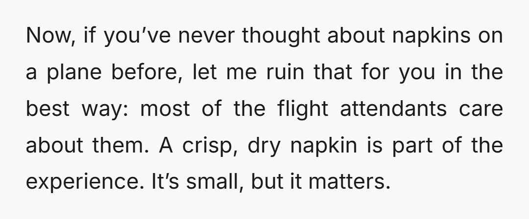 Now, if you’ve never thought about napkins on a plane before, let me ruin that for you in the best way: most of the flight attendants care about them. A...