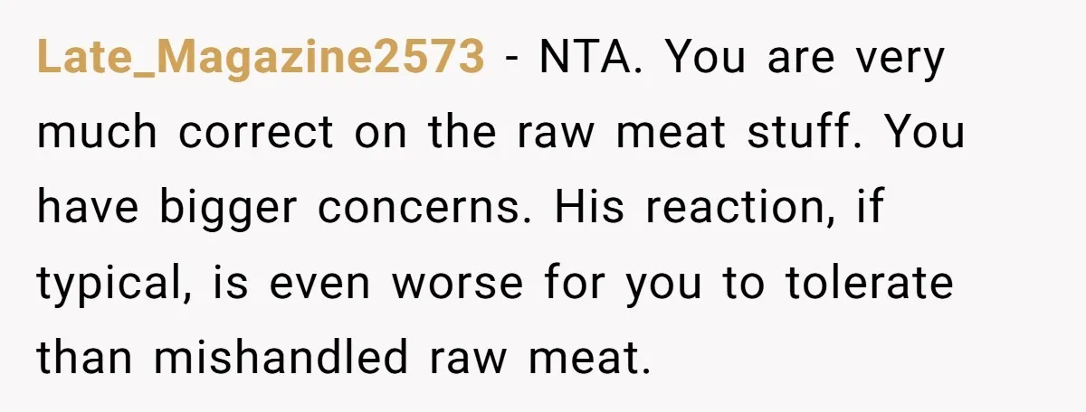 Late_Magazine2573 − NTA. You are very much correct on the raw meat stuff. You have bigger concerns. His reaction, if typical, is even worse for you to tolerate than mishandled...
