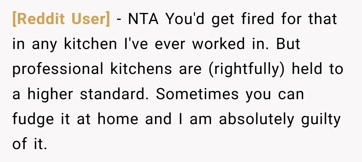 [Reddit User] − NTA You'd get fired for that in any kitchen I've ever worked in. But professional kitchens are (rightfully) held to a higher standard. Sometimes you can fudge...