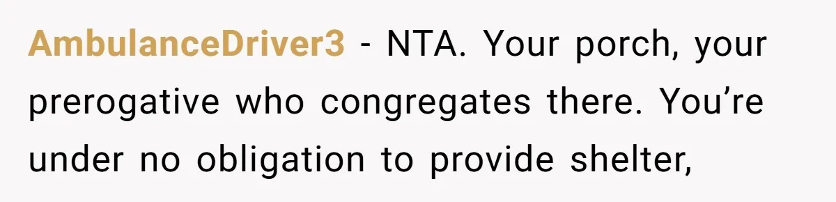 AmbulanceDriver3 − NTA. Your porch, your prerogative who congregates there. You’re under no obligation to provide shelter,