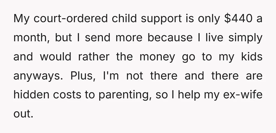 My court-ordered child support is only $440 a month, but I send more because I live simply and would rather the money go to my kids anyways. Plus, I'm not...