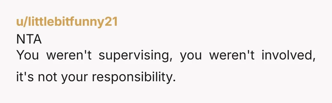 u/littlebitfunny21
NTA
You weren't supervising, you weren't involved, it's not your responsibility. 