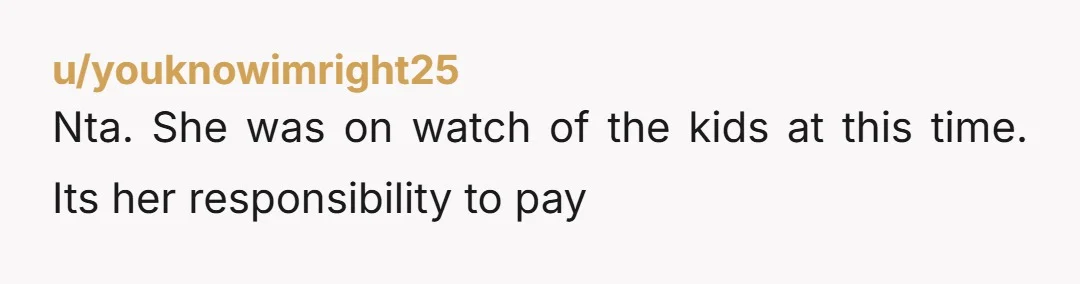u/youknowimright25
Nta.  She was on watch of the kids at this time. Its her responsibility to pay