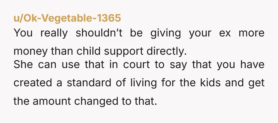 u/Ok-Vegetable-1365 You really shouldn’t be giving your ex more money than child support directly. She can use that in court to say that you have created a standard of living...