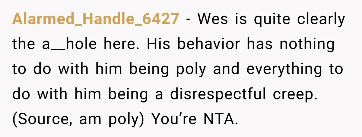 Alarmed_Handle_6427 − Wes is quite clearly the a__hole here. His behavior has nothing to do with him being poly and everything to do with him being a disrespectful creep. (Source,...