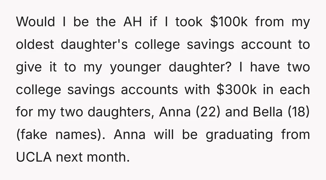 Would I be the AH if I took $100k from my oldest daughter's college savings account to give it to my younger daughter? I have two college savings accounts with...