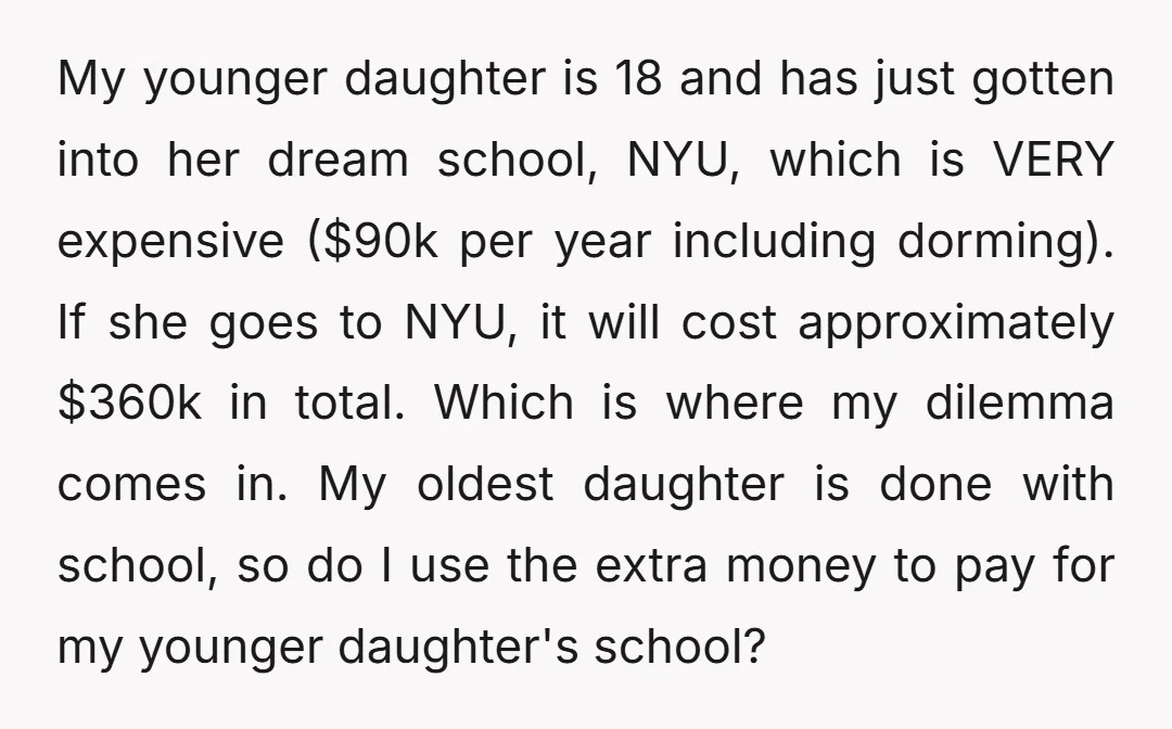 My younger daughter is 18 and has just gotten into her dream school, NYU, which is VERY expensive ($90k per year including dorming). If she goes to NYU, it will...