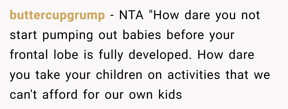 buttercupgrump − NTA "How dare you not start pumping out babies before your frontal lobe is fully developed. How dare you take your children on activities that we can't afford...