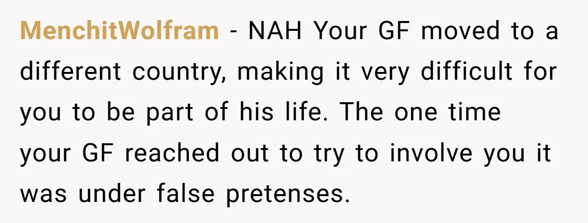 MenchitWolfram − NAH Your GF moved to a different country, making it very difficult for you to be part of his life. The one time your GF reached out to...