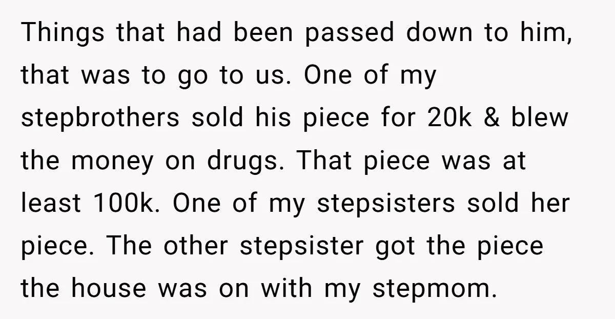 Things that had been passed down to him, that was to go to us. One of my stepbrothers sold his piece for 20k & blew the money on drugs. That...