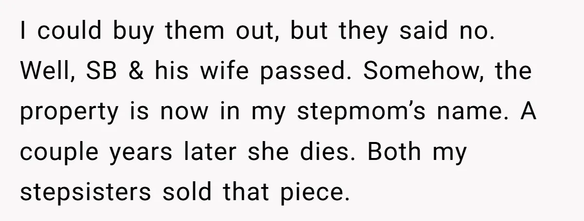 I could buy them out, but they said no. Well, SB & his wife passed. Somehow, the property is now in my stepmom’s name. A couple years later she dies....