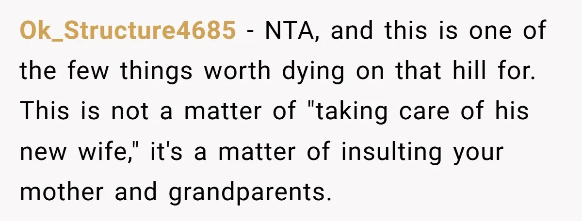 Ok_Structure4685 − NTA, and this is one of the few things worth dying on that hill for. This is not a matter of "taking care of his new wife," it's...