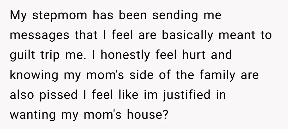 My stepmom has been sending me messages that I feel are basically meant to guilt trip me. I honestly feel hurt and knowing my mom's side of the family are...