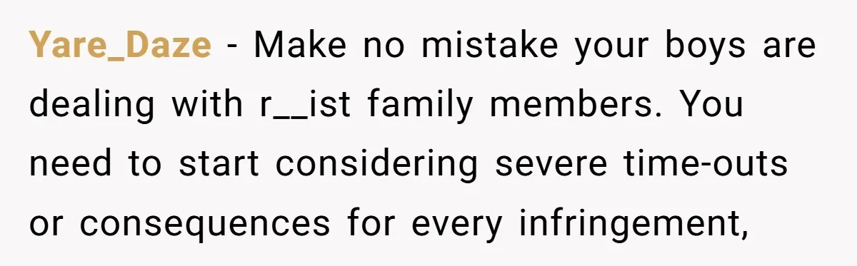 Yare_Daze − Make no mistake your boys are dealing with r__ist family members. You need to start considering severe time-outs or consequences for every infringement,