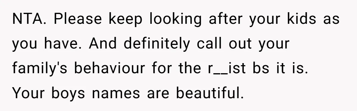 NTA. Please keep looking after your kids as you have. And definitely call out your family's behaviour for the r__ist bs it is. Your boys names are beautiful.
