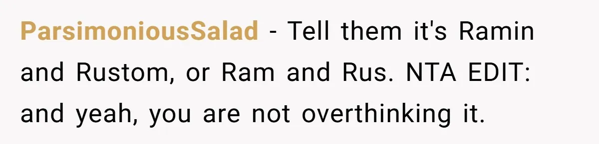 ParsimoniousSalad − Tell them it's Ramin and Rustom, or Ram and Rus. NTA EDIT: and yeah, you are not overthinking it.