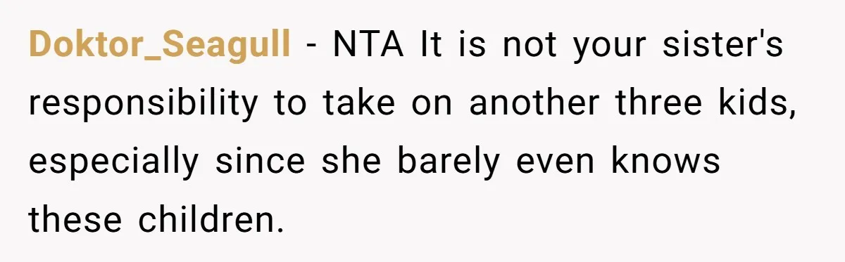 Doktor_Seagull − NTA It is not your sister's responsibility to take on another three kids, especially since she barely even knows these children.