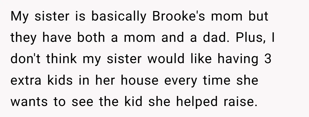 My sister is basically Brooke's mom but they have both a mom and a dad. Plus, I don't think my sister would like having 3 extra kids in her house...