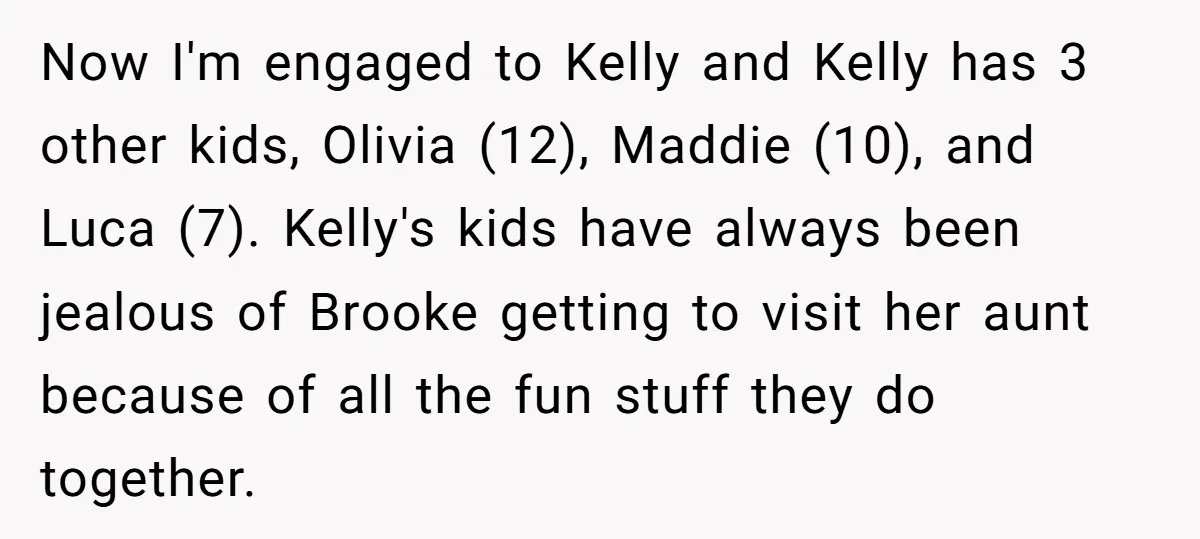Now I'm engaged to Kelly and Kelly has 3 other kids, Olivia (12), Maddie (10), and Luca (7). Kelly's kids have always been jealous of Brooke getting to visit her...