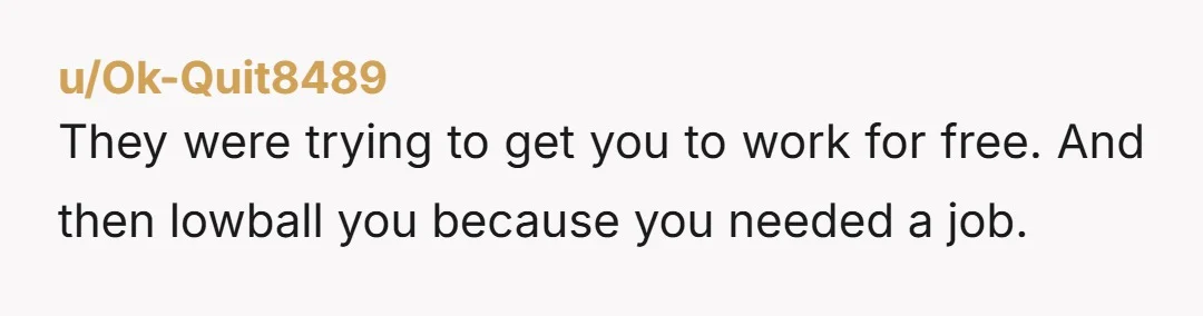 u/Ok-Quit8489
They were trying to get you to work for free. And then lowball you because you needed a job.