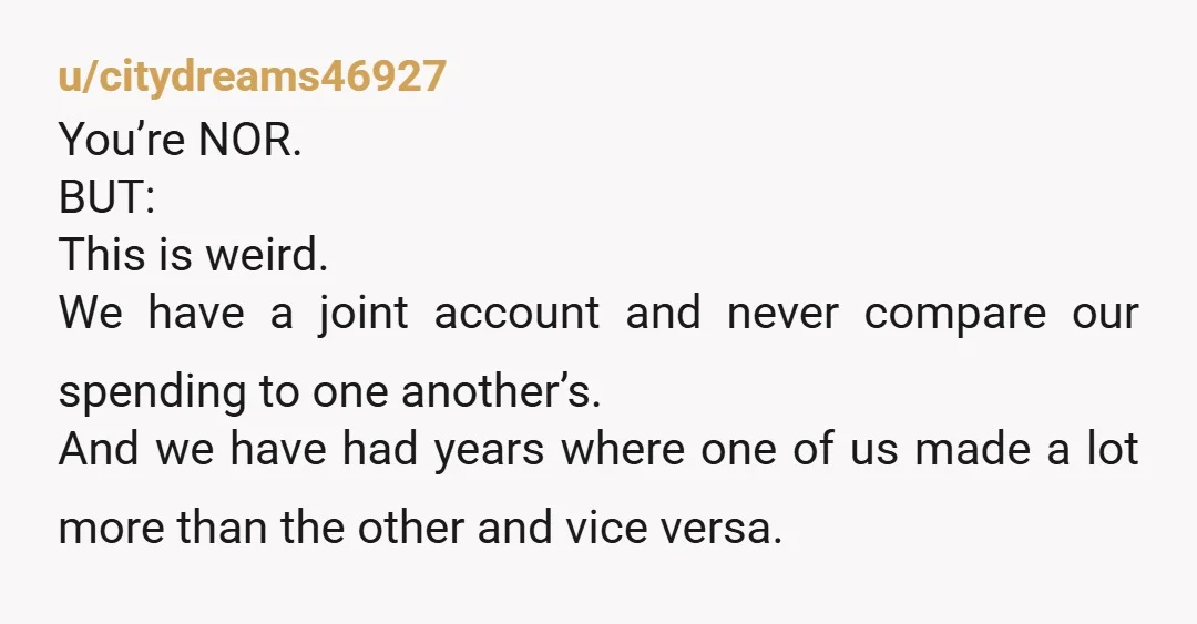 u/citydreams46927 You’re NOR. BUT: This is weird. We have a joint account and never compare our spending to one another’s. And we have had years where one of us made...