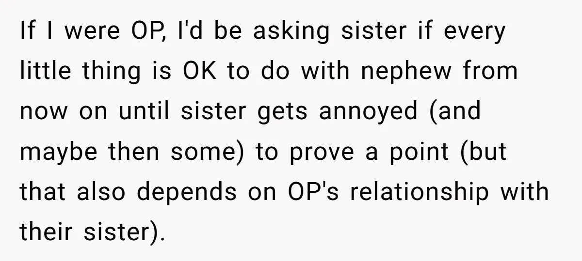 If I were OP, I'd be asking sister if every little thing is OK to do with nephew from now on until sister gets annoyed (and maybe then some) to...