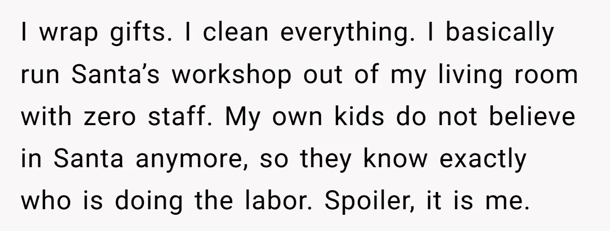 I wrap gifts. I clean everything. I basically run Santa’s workshop out of my living room with zero staff. My own kids do not believe in Santa anymore, so they...