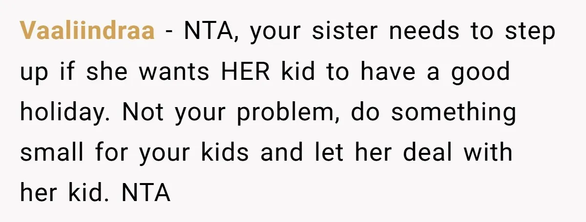 Vaaliindraa − NTA, your sister needs to step up if she wants HER kid to have a good holiday. Not your problem, do something small for your kids and let...